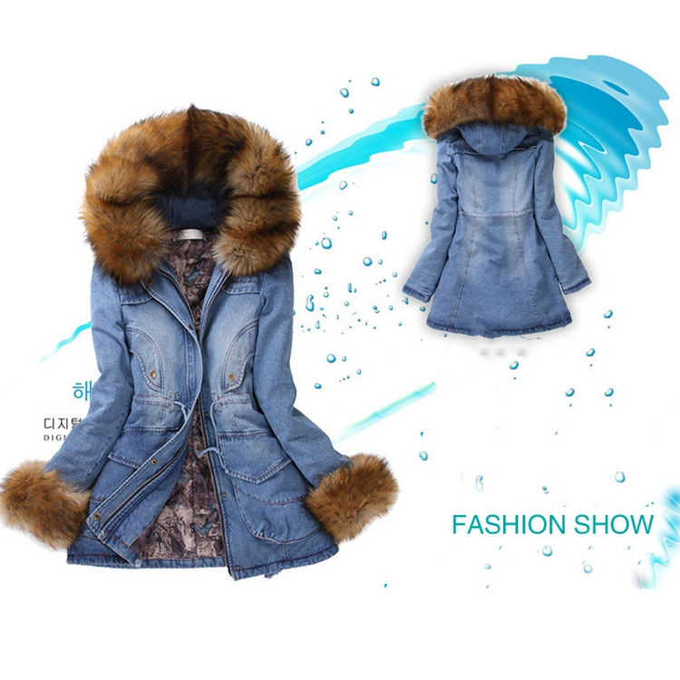 2020 毛皮襟 デニム ジャケット 冬 防水 厚い 綿 毛布 ズボンを 帽子付き コート 女性