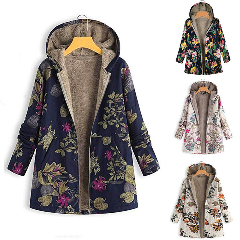 花のプリント 防水キャンバス 最新 フーディ フリース 暖かい女性コート 冬のジャケット 薄いジャケット