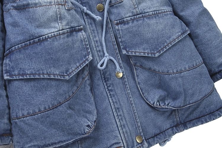 ファッション 厚い綿の毛皮の襟 冬のジーンズジャケット 帽子付きジーンズ 防水コート 女性